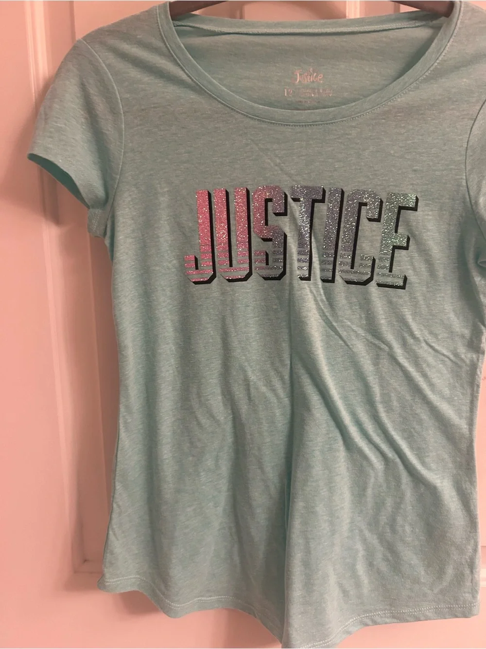 NWT- Girls Justice Mint Green Tee with Pink-to-Silver Glitter Logo
